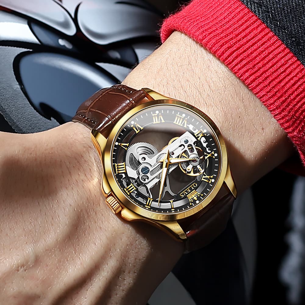 OLEVS 6661 Leather Skeleton Mechanical Watch for Men - Gold White Watch | Olevs Watch Store