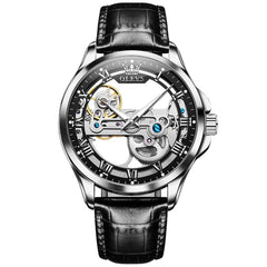 OLEVS 6661 Leather Skeleton Mechanical Watch for Men - Silver Black Watch | Olevs Watch Store