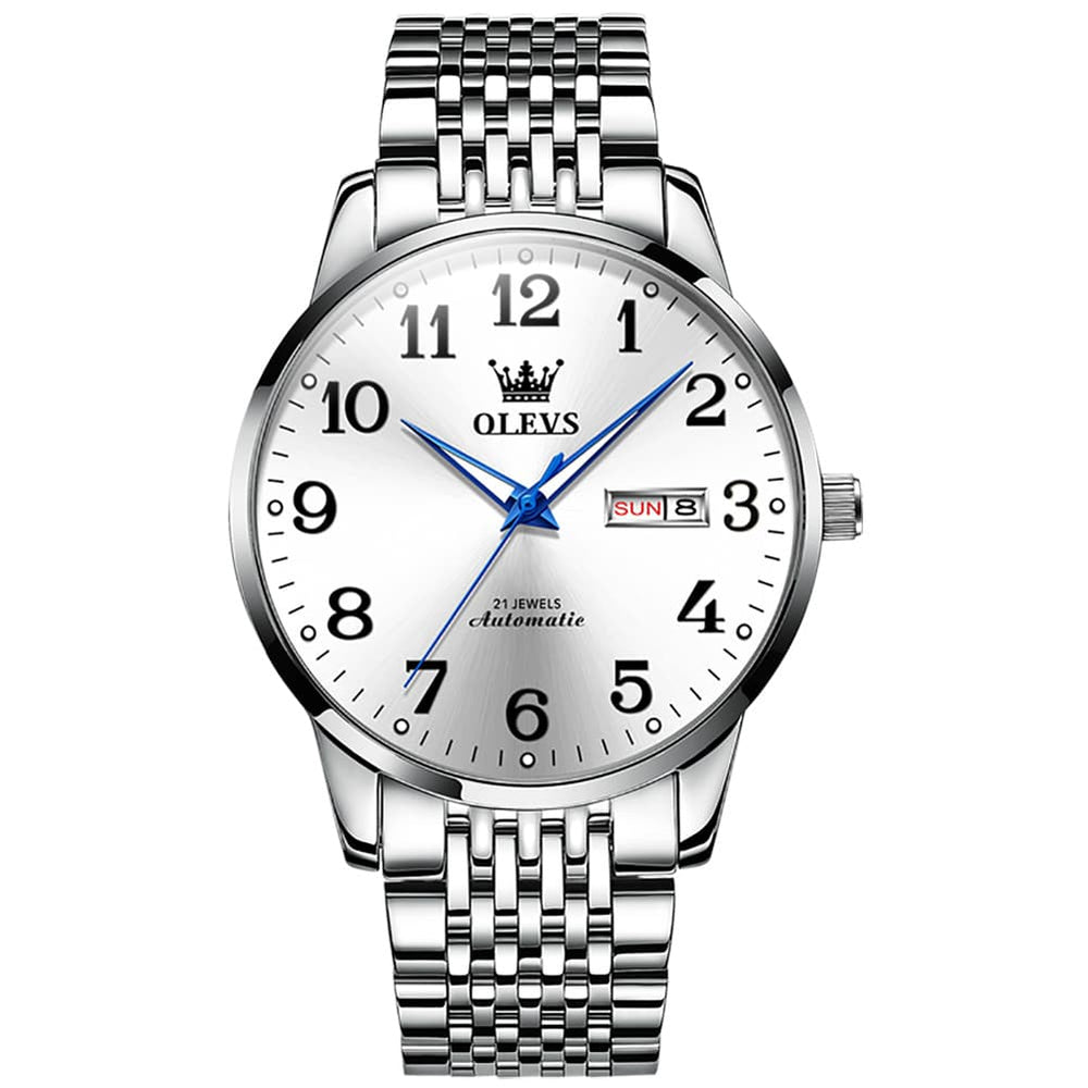 OLEVS 6666 Stainless Steel Mechanical Big Numeral Watch for Men - Silver White Watch | Olevs Watch Store