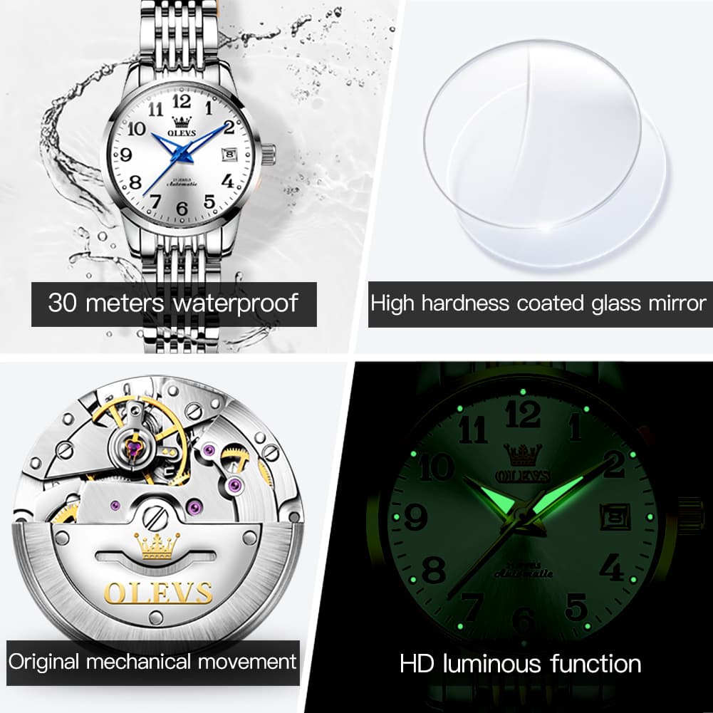 OLEVS 6666N Stainless Steel Mechanical Big Numeral Watch for Women - All Gold Watch | Olevs Watch Store