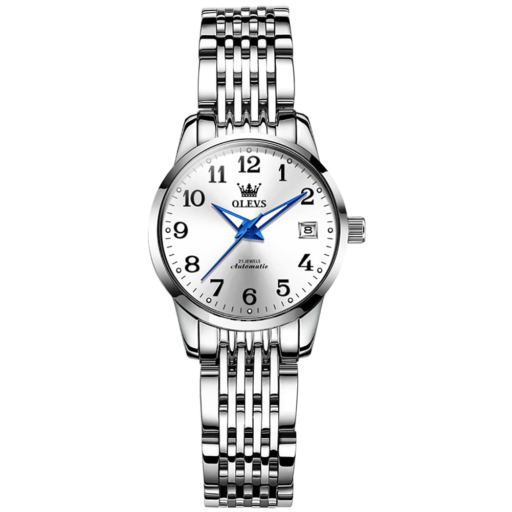 OLEVS 6666N Stainless Steel Mechanical Big Numeral Watch for Women - Silver White Watch | Olevs Watch Store