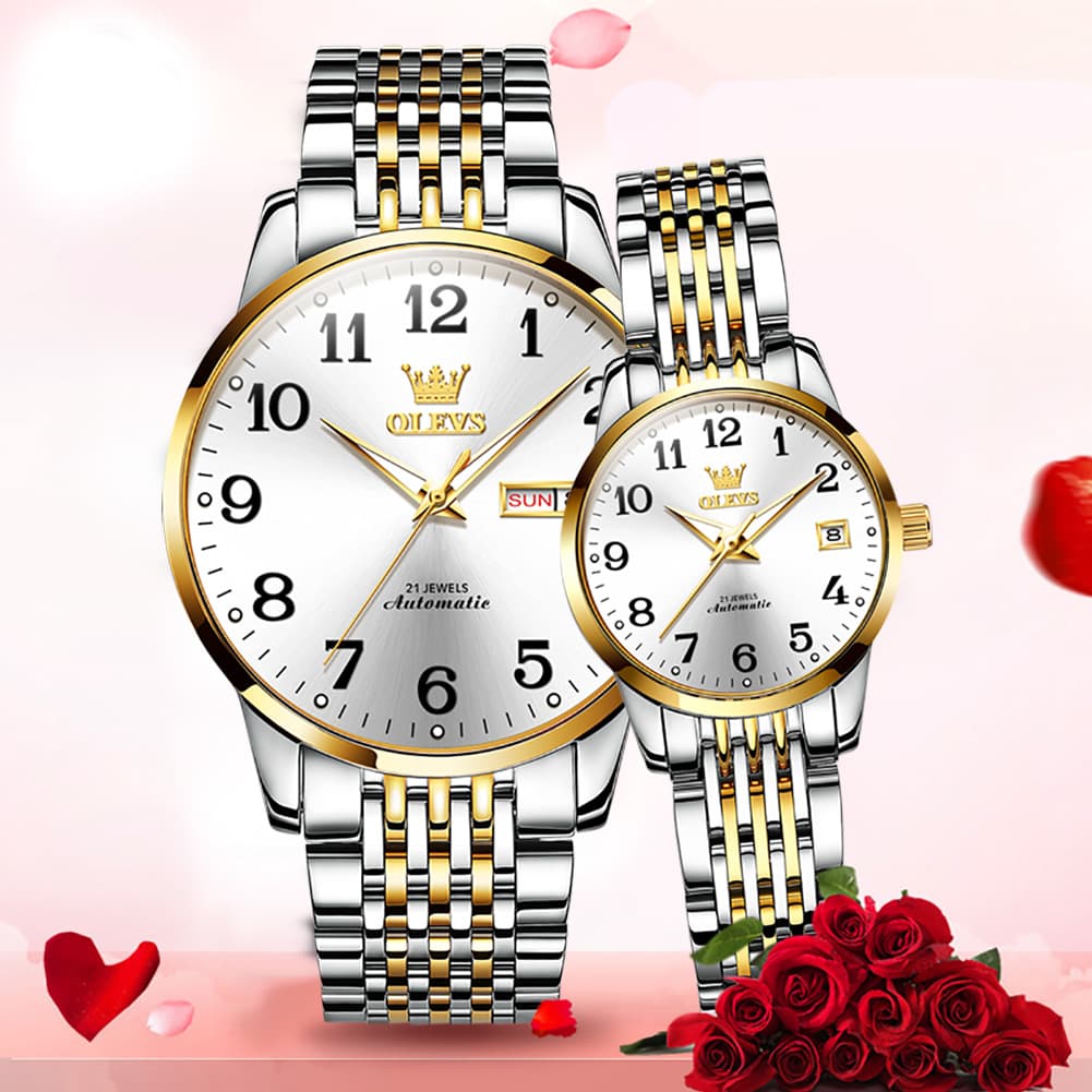 OLEVS 6666Q Stainless Steel Mechanical Big Numeral Couple Watches - All Gold Watch | Olevs Watch Store