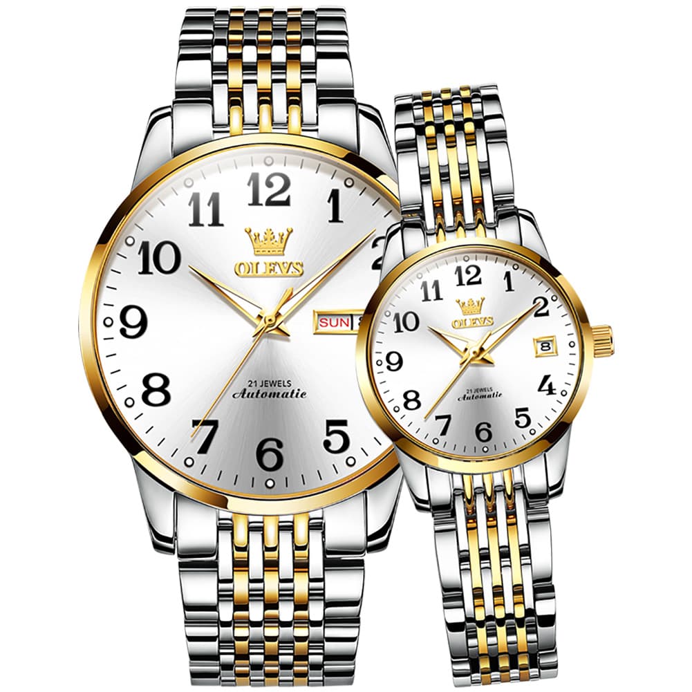 OLEVS 6666Q Stainless Steel Mechanical Big Numeral Couple Watches - Two-Tone White Watch | Olevs Watch Store