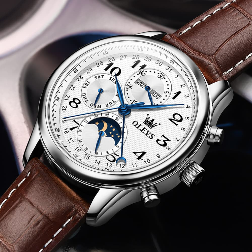 OLEVS 6667 Stainless Steel Mechanical Moon Phase Watch for Men - Leather Silver White Watch | Olevs Watch Store