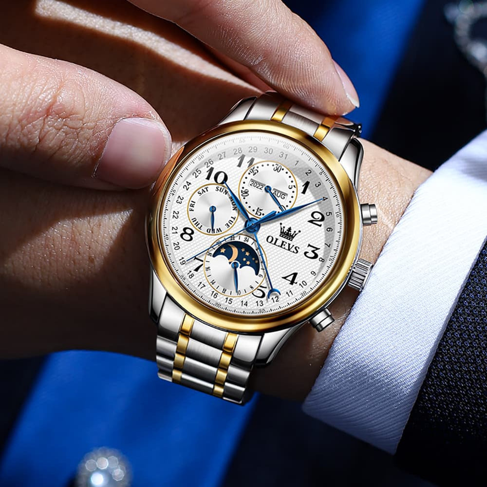 OLEVS 6667 Stainless Steel Mechanical Moon Phase Watch for Men - Leather Silver White Watch | Olevs Watch Store