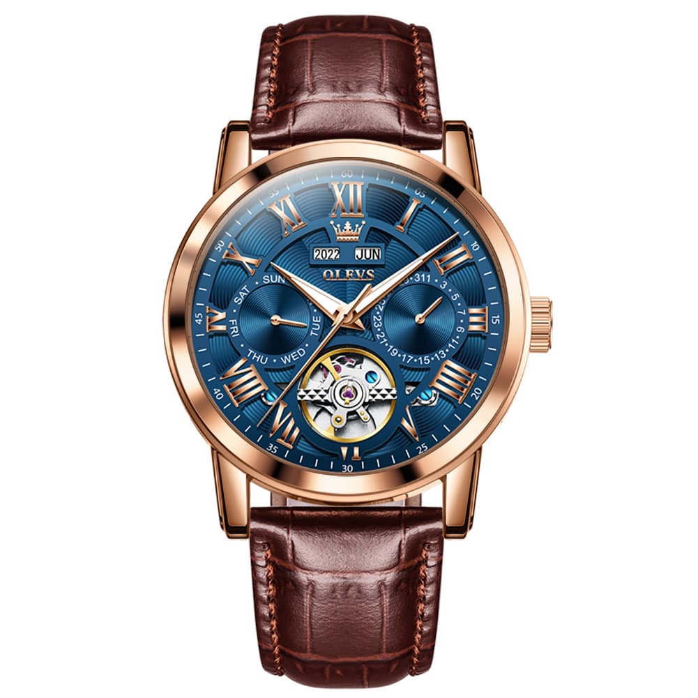 OLEVS 6668 Stainless Steel Mechanical Multifunction Watch for Men - Leather Rose Gold Blue Watch | Olevs Watch Store