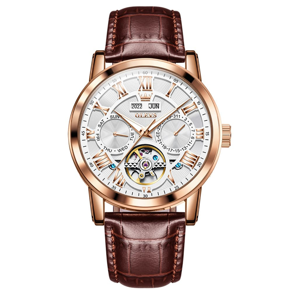 OLEVS 6668 Stainless Steel Mechanical Multifunction Watch for Men - Leather Rose Gold White Watch | Olevs Watch Store