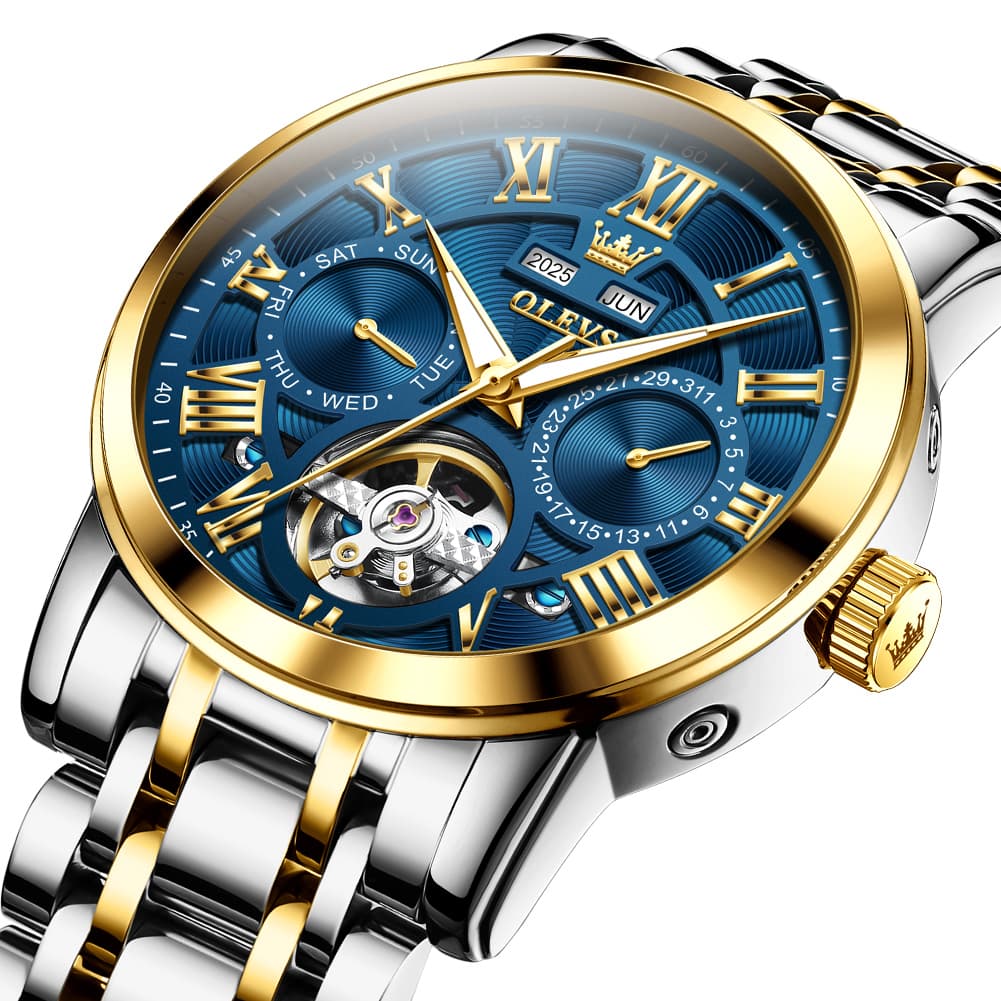 OLEVS 6668 Stainless Steel Mechanical Multifunction Watch for Men - Leather Silver Black Watch | Olevs Watch Store