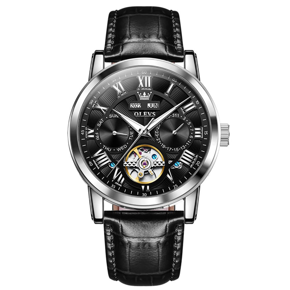 OLEVS 6668 Stainless Steel Mechanical Multifunction Watch for Men - Leather Silver Black Watch | Olevs Watch Store