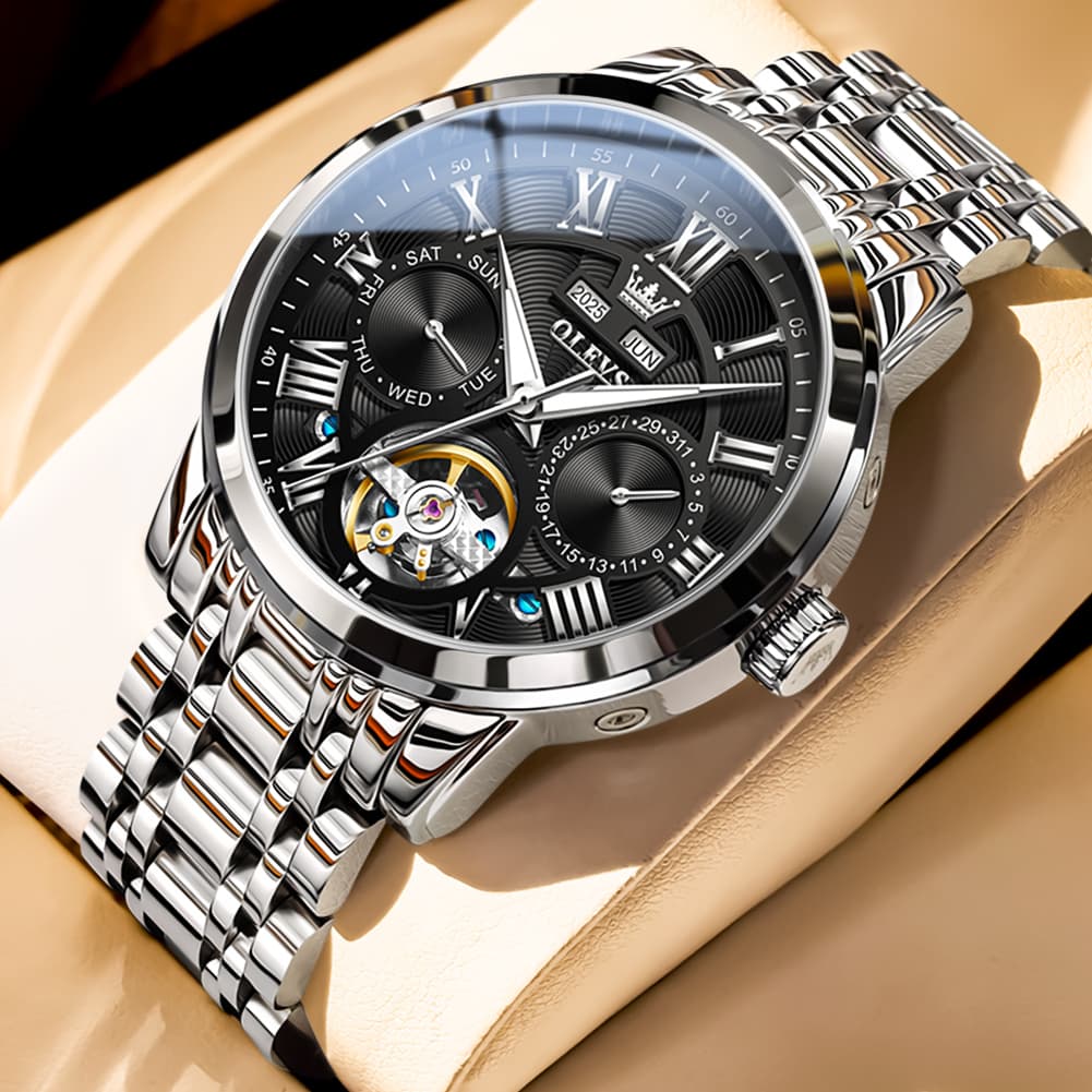 OLEVS 6668 Stainless Steel Mechanical Multifunction Watch for Men - Leather Silver Black Watch | Olevs Watch Store