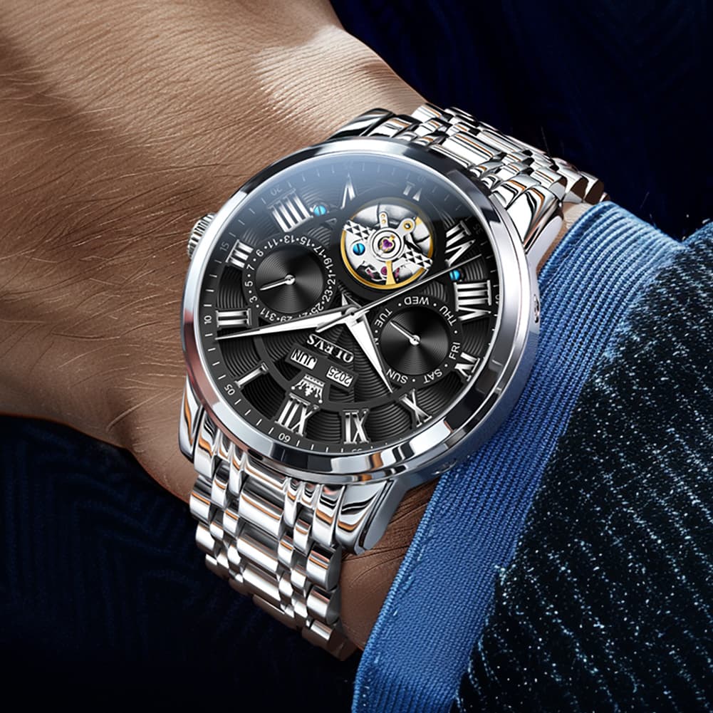 OLEVS 6668 Stainless Steel Mechanical Multifunction Watch for Men - Leather Silver Black Watch | Olevs Watch Store
