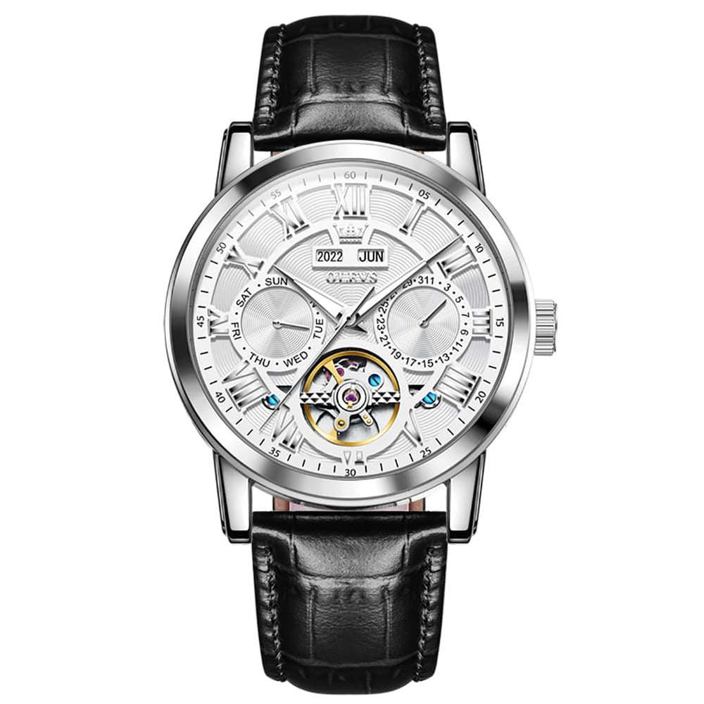 OLEVS 6668 Stainless Steel Mechanical Multifunction Watch for Men - Leather Silver White Watch | Olevs Watch Store