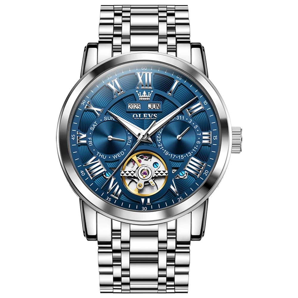 OLEVS 6668 Stainless Steel Mechanical Multifunction Watch for Men - Steel Silver Blue Watch | Olevs Watch Store