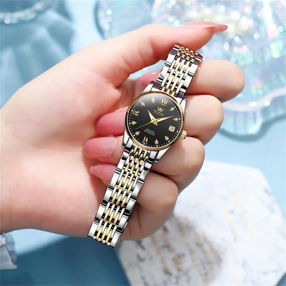 OLEVS 6673 Diamond Automatic Stainless Steel Watch for Women - Two Tone Black Watch | Olevs Watch Store