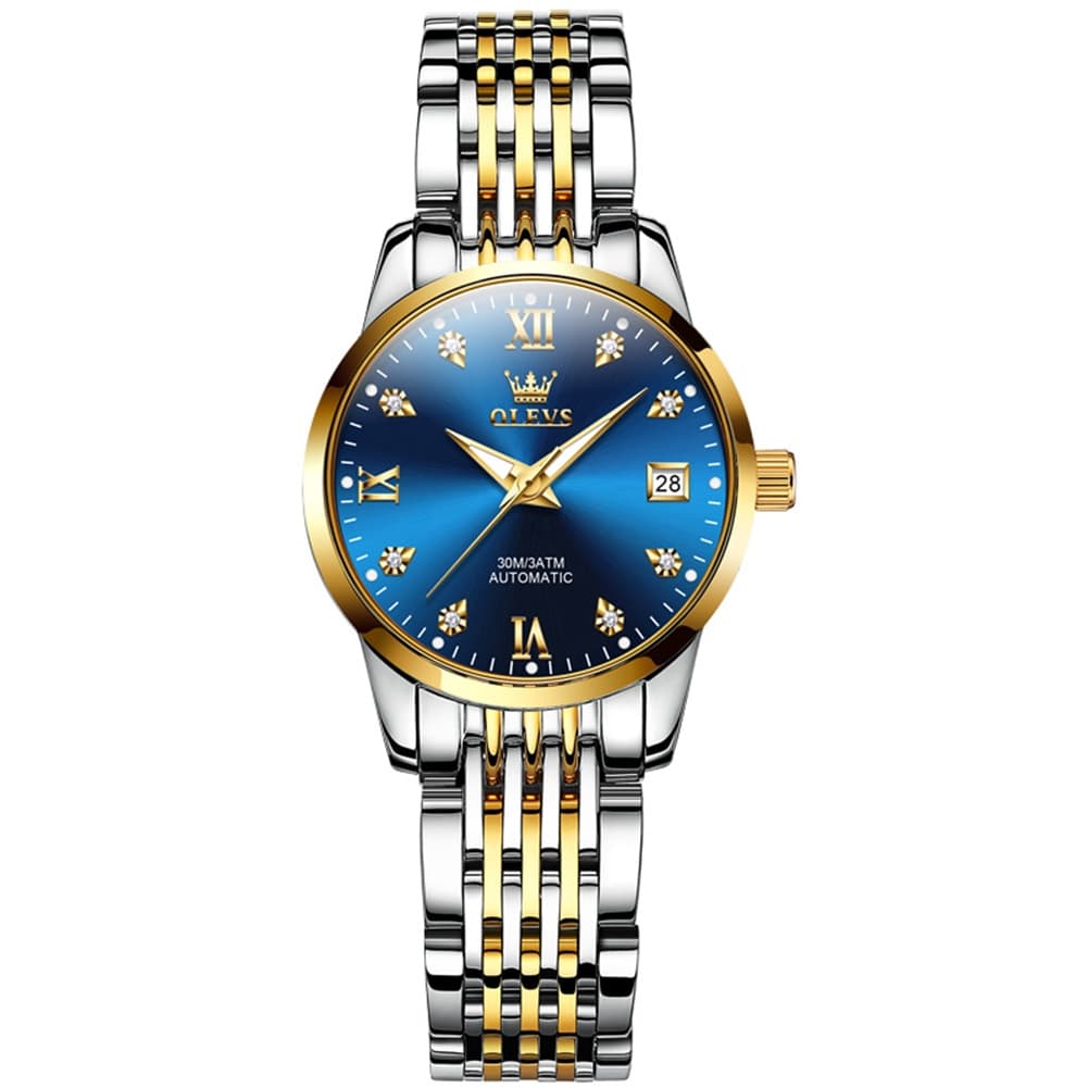 OLEVS 6673 Diamond Automatic Stainless Steel Watch for Women - Two Tone Blue Watch | Olevs Watch Store