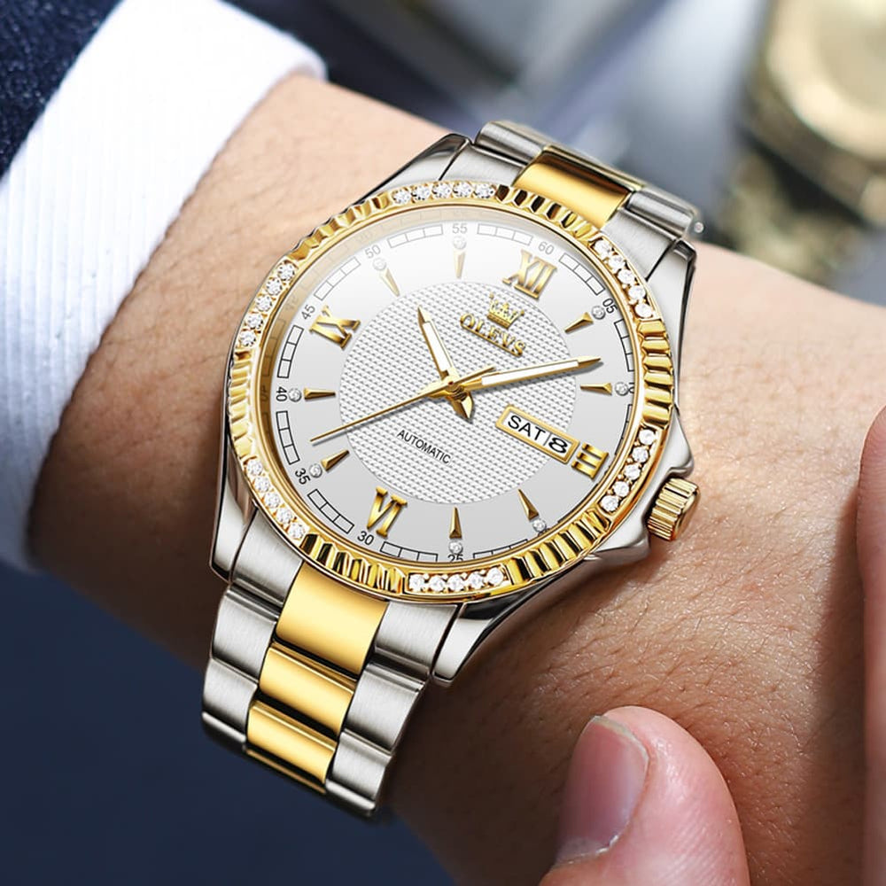 OLEVS 6676 Diamond Bezel Automatic Steel Watch for Men - Two Tone Watch | Olevs Watch Store