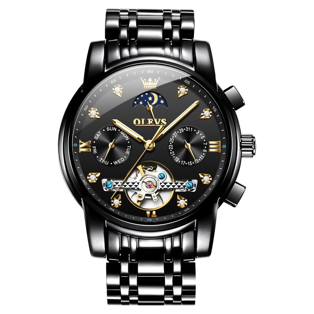 OLEVS 6678 Mechanical Moon Phase Automatic Watch for Men - All Black Watch | Olevs Watch Store