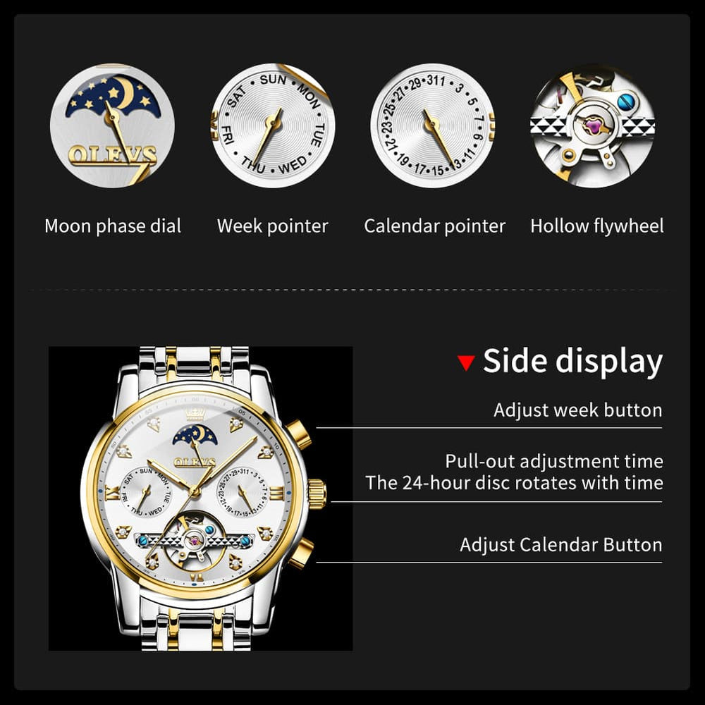 OLEVS 6678 Mechanical Moon Phase Automatic Watch for Men - All Gold Watch | Olevs Watch Store