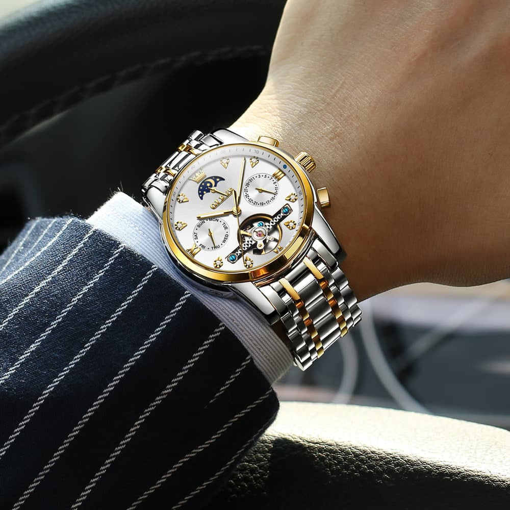 OLEVS 6678 Mechanical Moon Phase Automatic Watch for Men - All Gold Watch | Olevs Watch Store