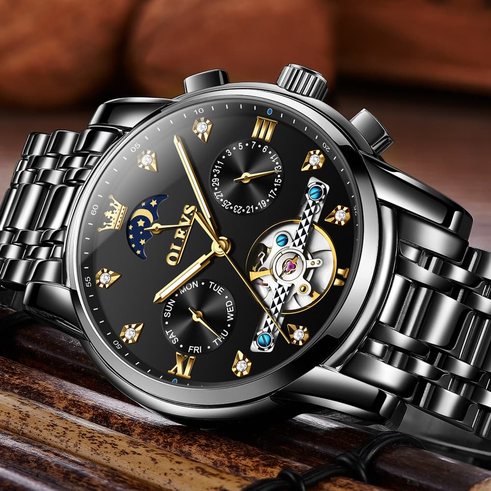 OLEVS 6678 Mechanical Moon Phase Automatic Watch for Men - All Gold Watch | Olevs Watch Store