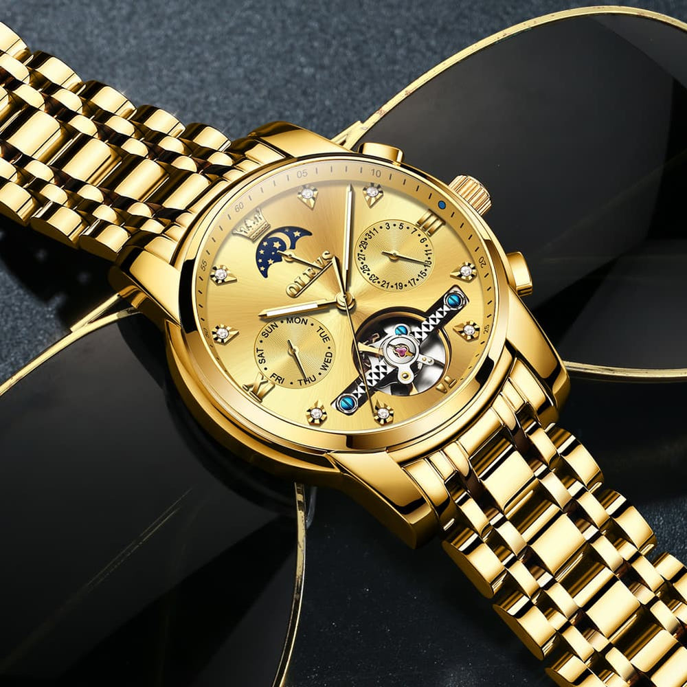 OLEVS 6678 Mechanical Moon Phase Automatic Watch for Men - All Gold Watch | Olevs Watch Store