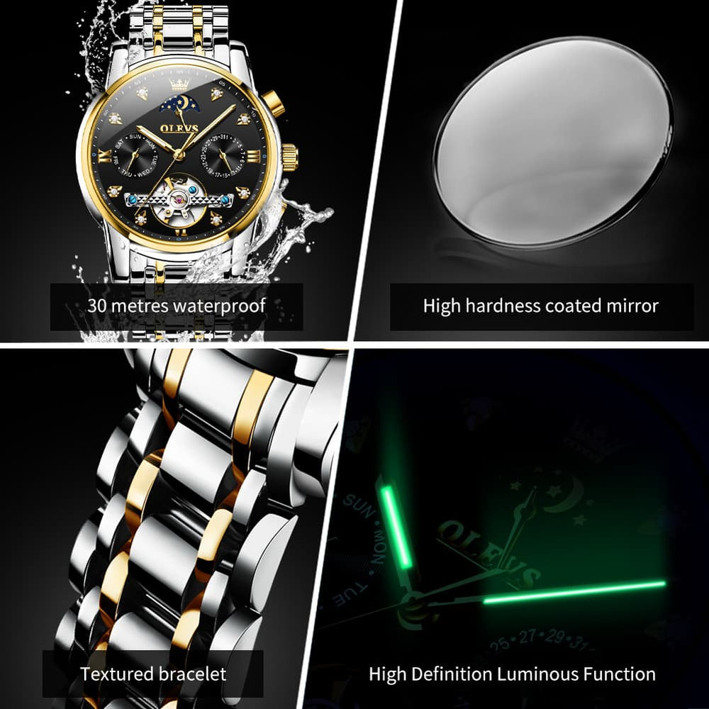 OLEVS 6678 Mechanical Moon Phase Automatic Watch for Men - All Gold Watch | Olevs Watch Store