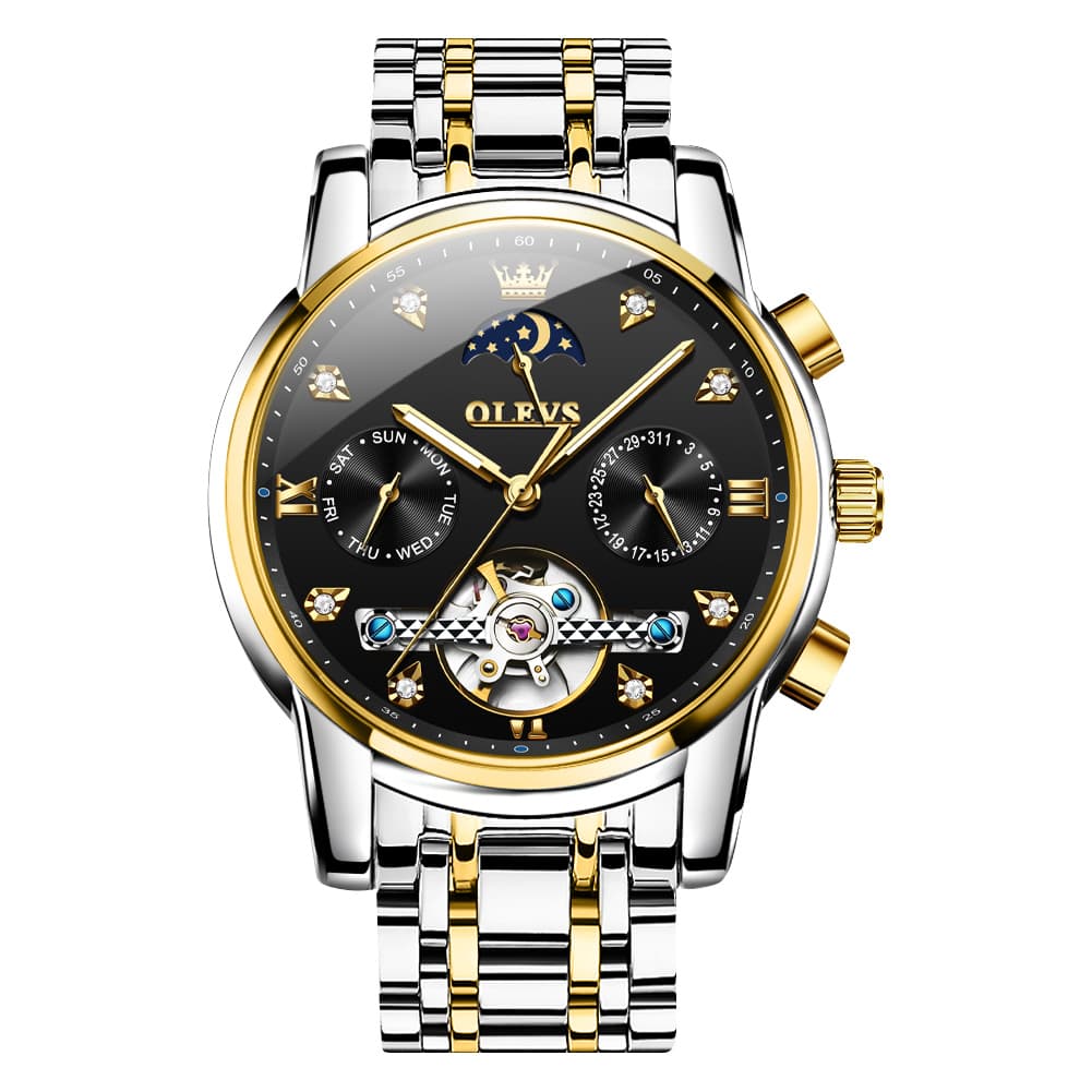 OLEVS 6678 Mechanical Moon Phase Automatic Watch for Men - Gold Black Watch | Olevs Watch Store