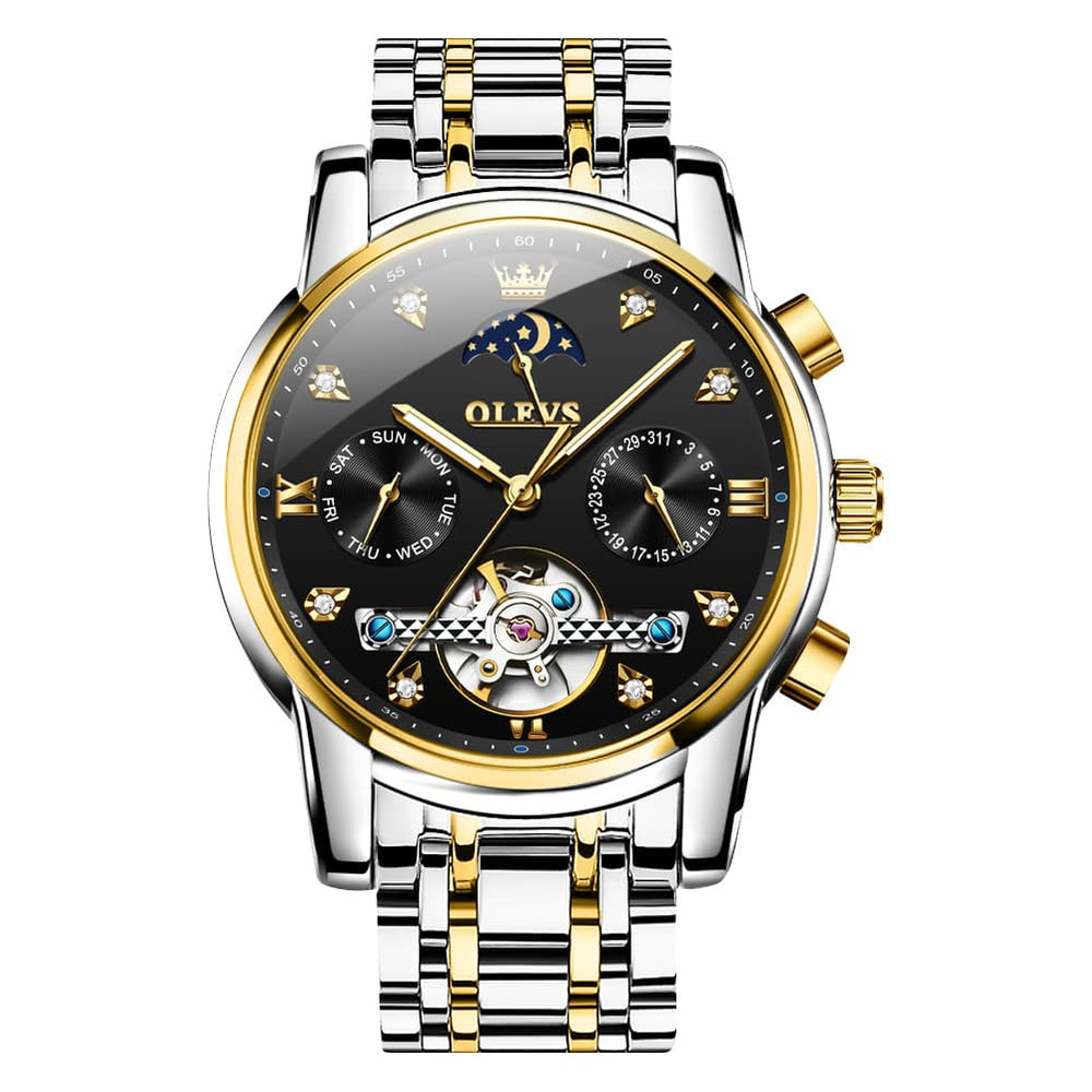 OLEVS 6678 Mechanical Moon Phase Automatic Watch for Men - Gold Black Watch | Olevs Watch Store
