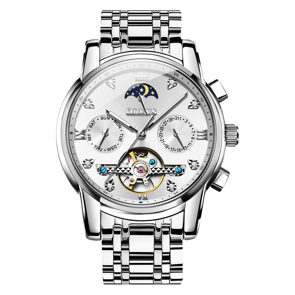 OLEVS 6678 Mechanical Moon Phase Automatic Watch for Men - Silver White Watch | Olevs Watch Store
