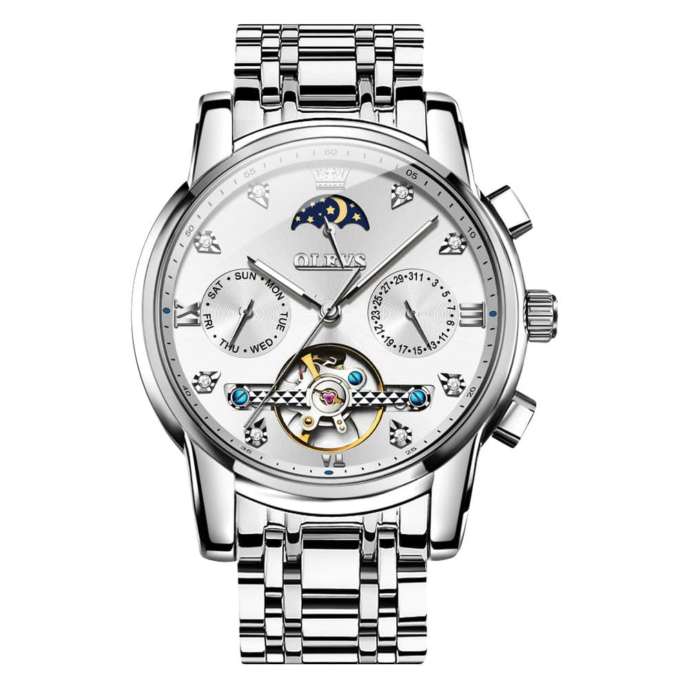 OLEVS 6678 Mechanical Moon Phase Automatic Watch for Men - Silver White Watch | Olevs Watch Store