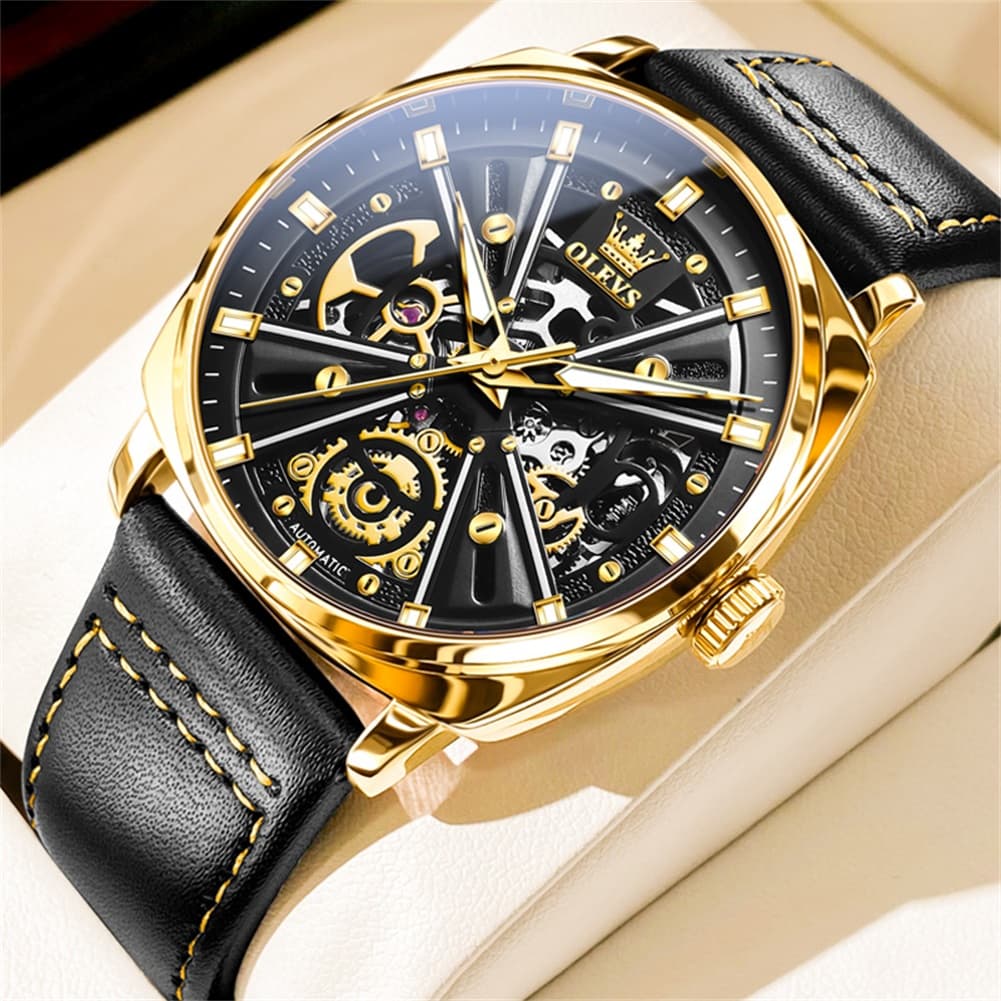 OLEVS 6685 Mechanical Skeleton Leather Watch for Men - Pitch Dark Watch | Olevs Watch Store