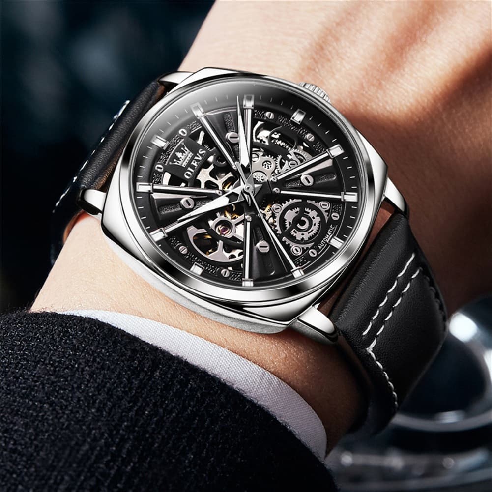 OLEVS 6685 Mechanical Skeleton Leather Watch for Men - Pitch Dark Watch | Olevs Watch Store