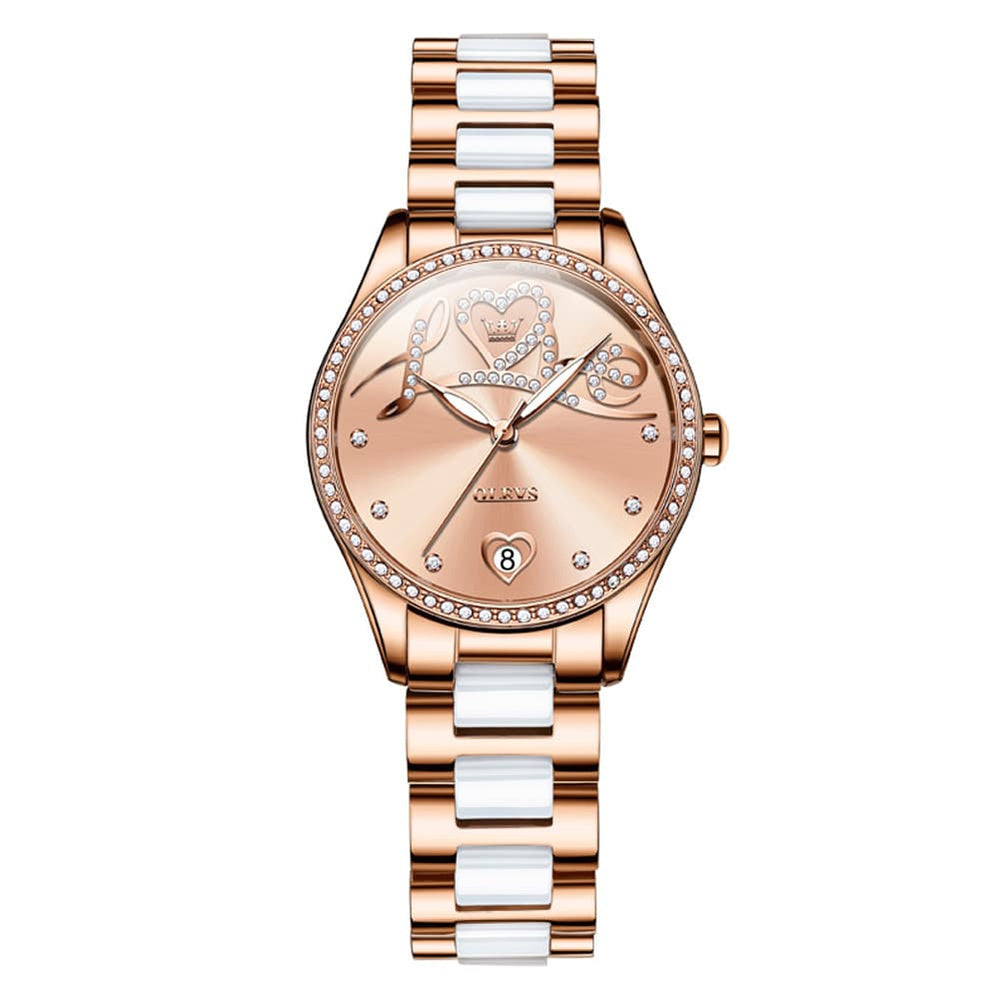 OLEVS 6686 Romantic Love Dial Ceramic Mechanical Watch for Women - Rose Gold Red Watch | Olevs Watch Store