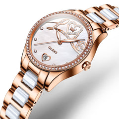 OLEVS 6686 Romantic Love Dial Ceramic Mechanical Watch for Women - Rose Gold White Watch | Olevs Watch Store