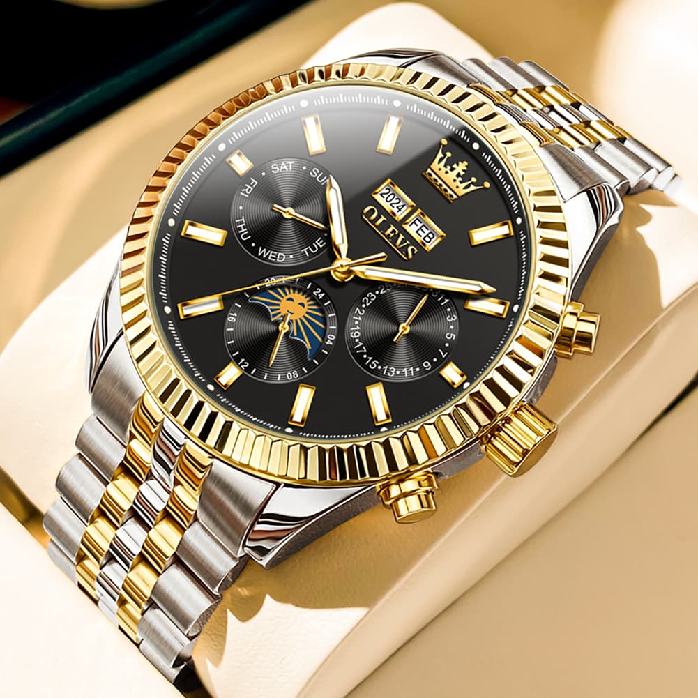 OLEVS 6688 Automatic Moon Phase Stainless Steel Watch for Men - Gold Black Watch | Olevs Watch Store