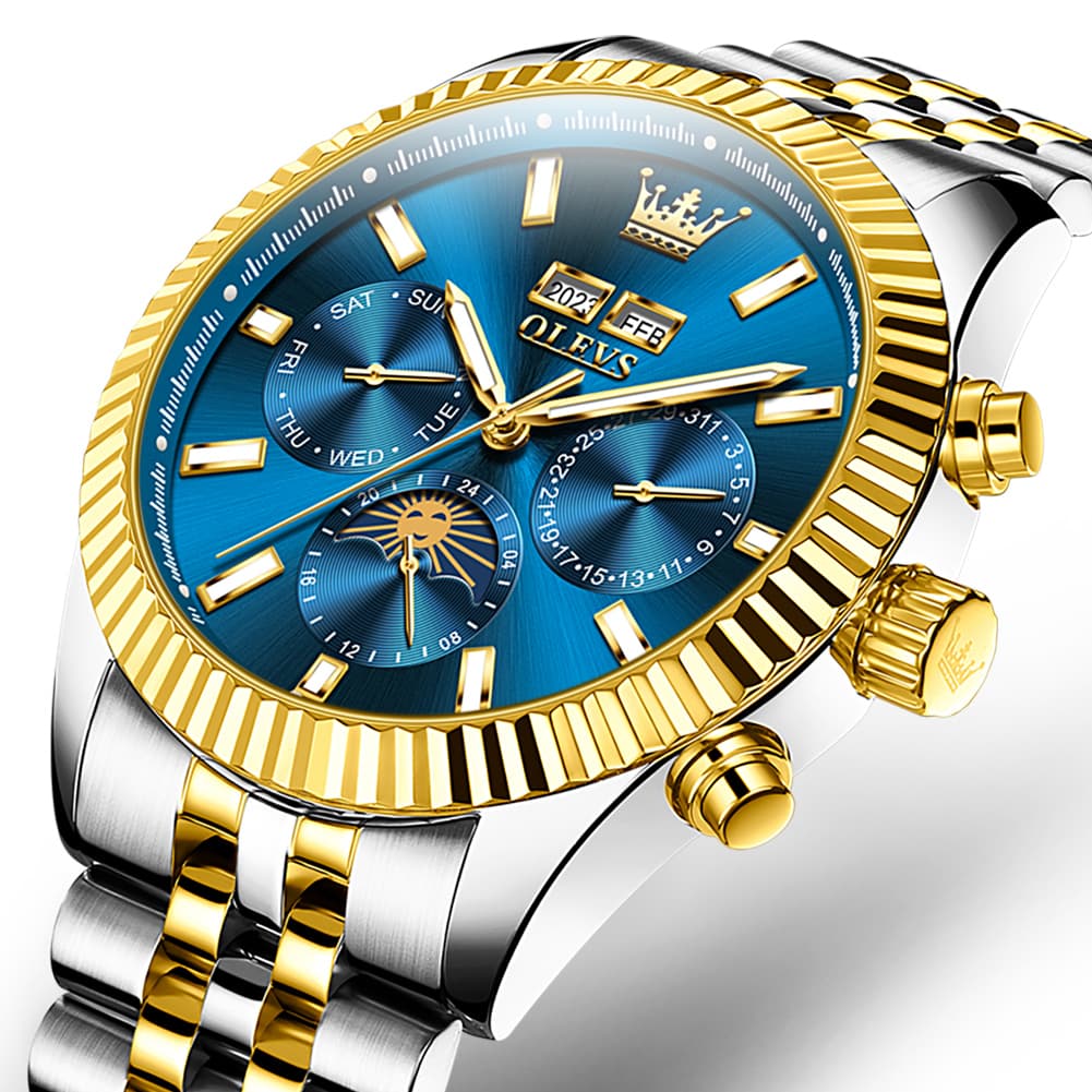 OLEVS 6688 Automatic Moon Phase Stainless Steel Watch for Men - Gold Black Watch | Olevs Watch Store