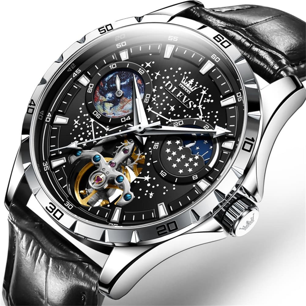 OLEVS 6689 Automatic Skeleton Starry Sky Leather Steel Watch for Men - Black Leather Black Watch | Olevs Watch Store