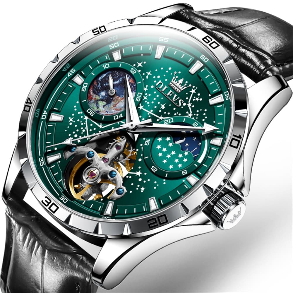 OLEVS 6689 Automatic Skeleton Starry Sky Leather Steel Watch for Men - Black Leather Green Watch | Olevs Watch Store