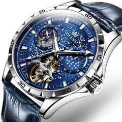 OLEVS 6689 Automatic Skeleton Starry Sky Leather Steel Watch for Men - Blue Leather Blue Watch | Olevs Watch Store