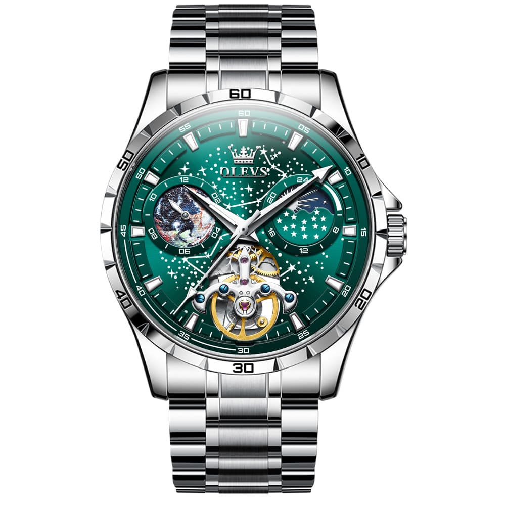 OLEVS 6689 Automatic Skeleton Starry Sky Leather Steel Watch for Men - Green Leather Green Watch | Olevs Watch Store