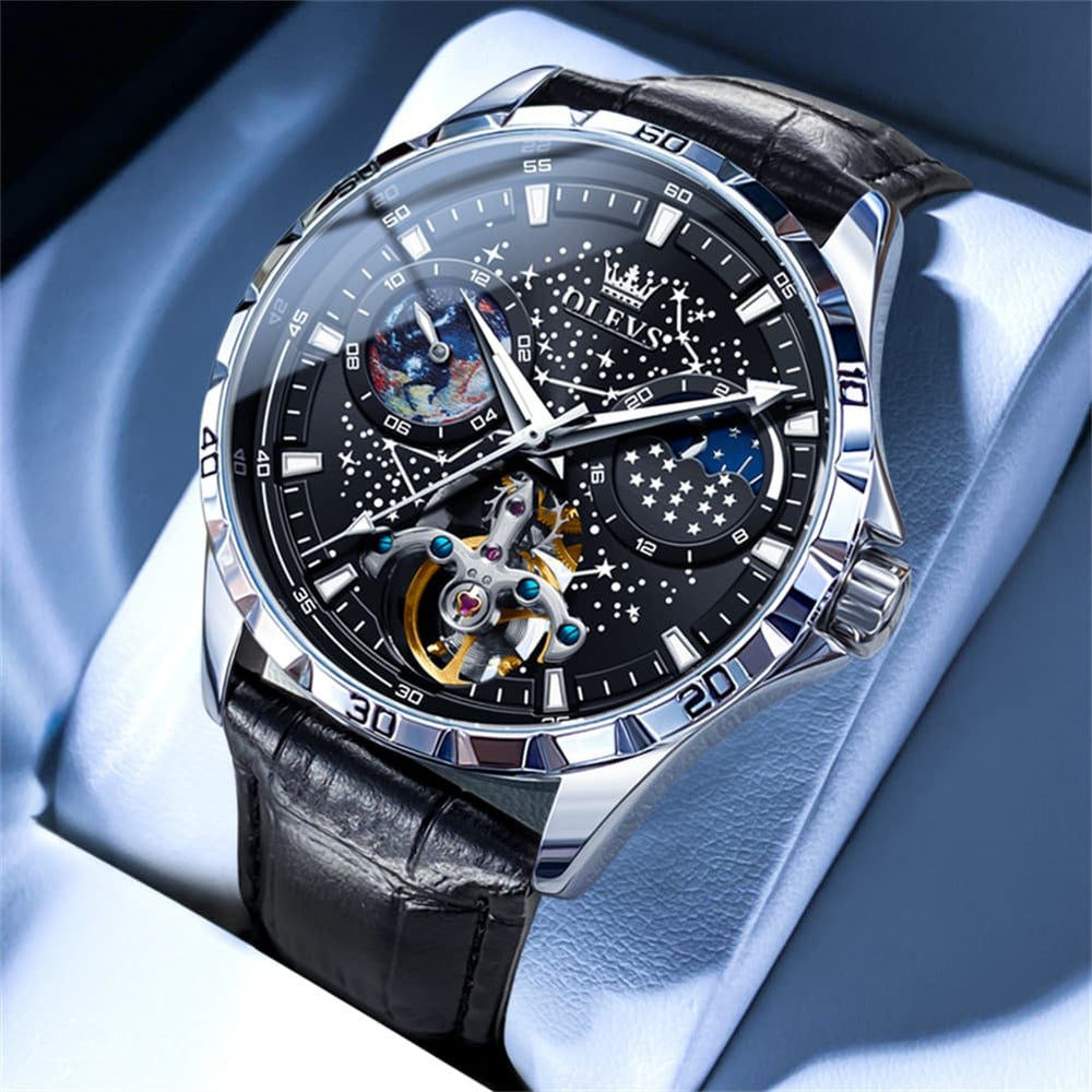 OLEVS 6689 Automatic Skeleton Starry Sky Leather Steel Watch for Men - Green Leather Green Watch | Olevs Watch Store