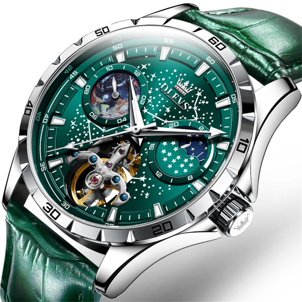 OLEVS 6689 Automatic Skeleton Starry Sky Leather Steel Watch for Men - Green Leather Green Watch | Olevs Watch Store