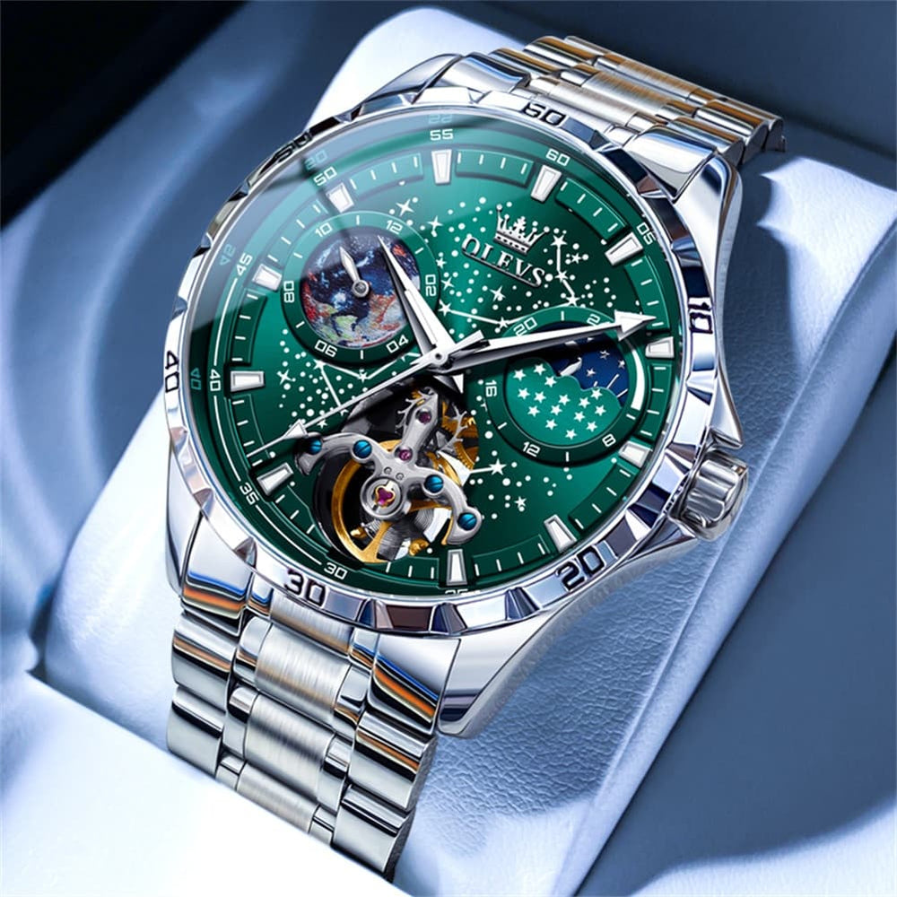 OLEVS 6689 Automatic Skeleton Starry Sky Leather Steel Watch for Men - Green Leather Green Watch | Olevs Watch Store