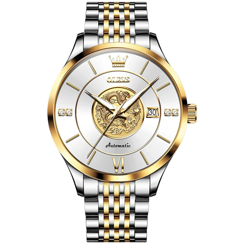 OLEVS 6693 3D Dragon Mechanical Steel Watch for Men - All Gold Watch | Olevs Watch Store