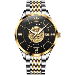 OLEVS 6693 3D Dragon Mechanical Steel Watch for Men - Two Tone Black Watch | Olevs Watch Store