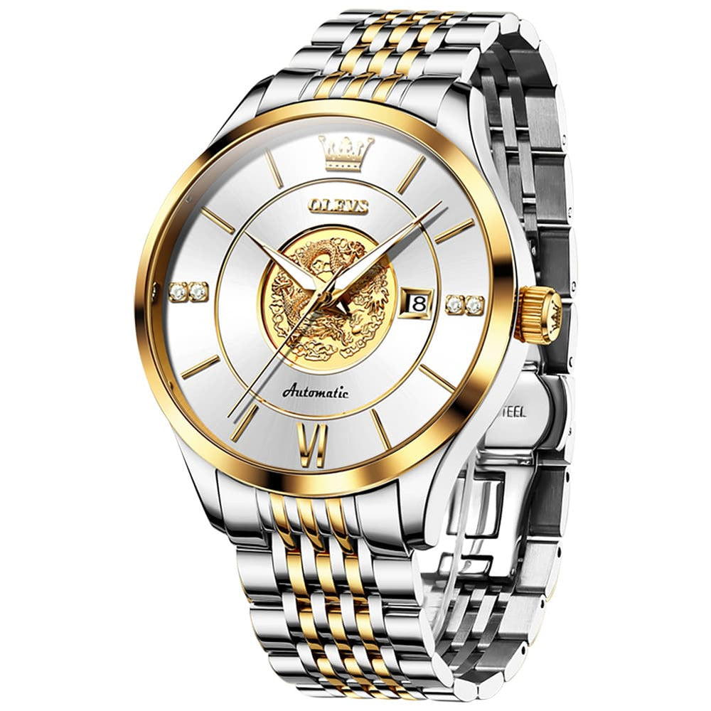 OLEVS 6693 3D Dragon Mechanical Steel Watch for Men - Two Tone White Watch | Olevs Watch Store