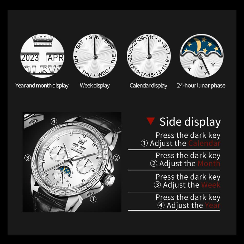 OLEVS 6695P Baguette Diamond Leather Mechanical Watch for Men - Rose Gold Blue Watch | Olevs Watch Store