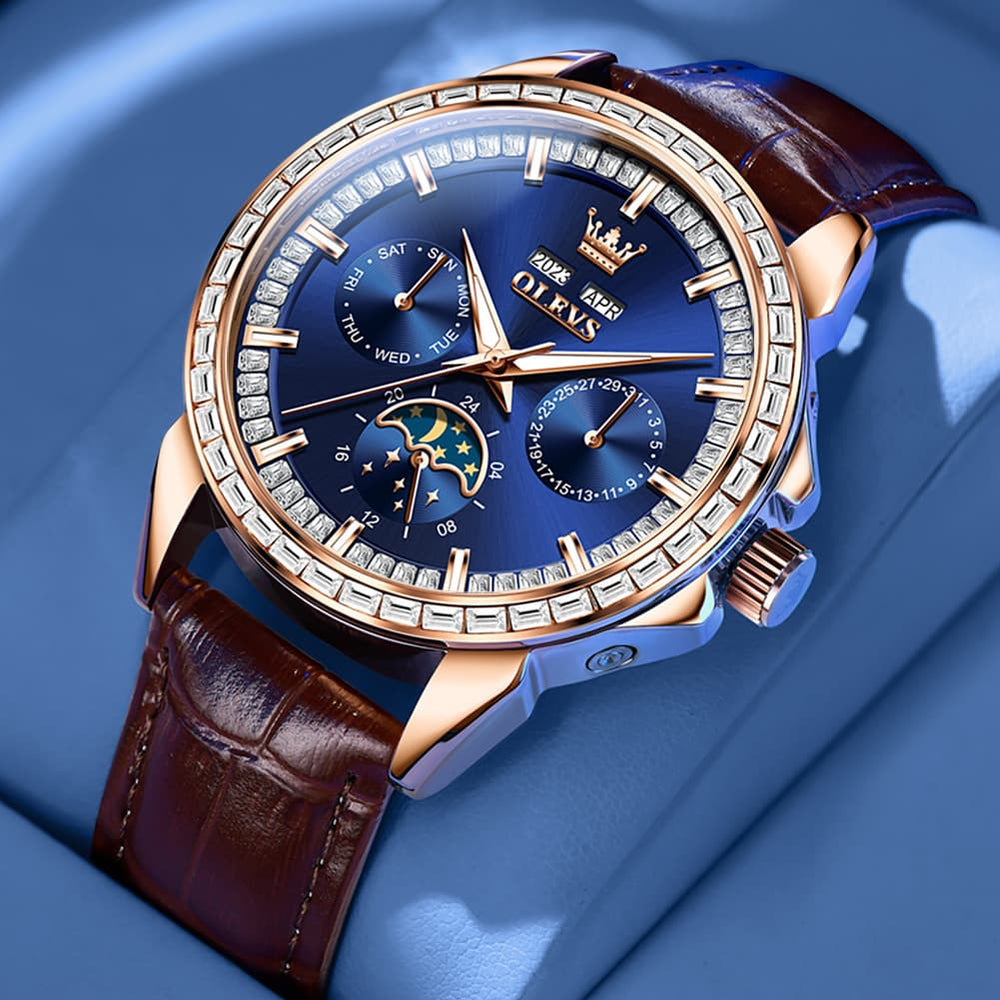 OLEVS 6695P Baguette Diamond Leather Mechanical Watch for Men - Rose Gold Blue Watch | Olevs Watch Store