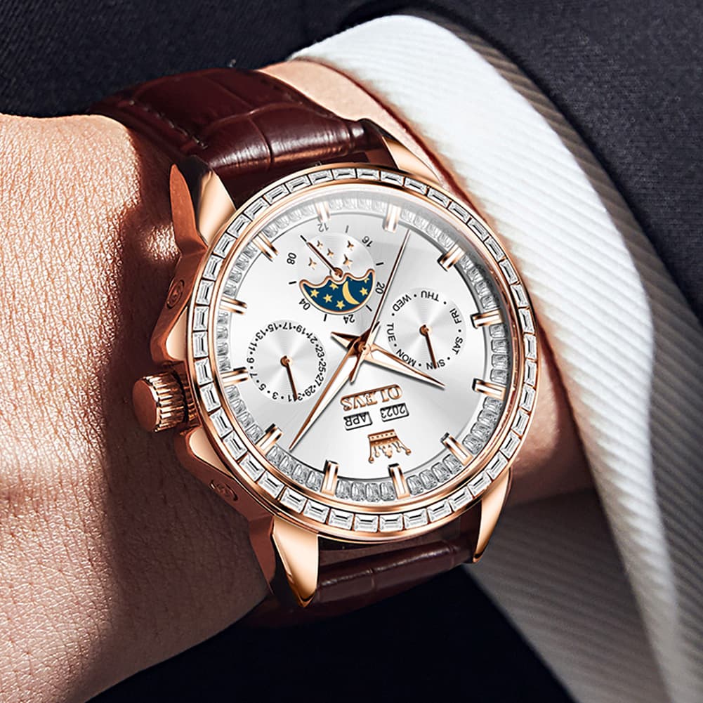OLEVS 6695P Baguette Diamond Leather Mechanical Watch for Men - Rose Gold Blue Watch | Olevs Watch Store