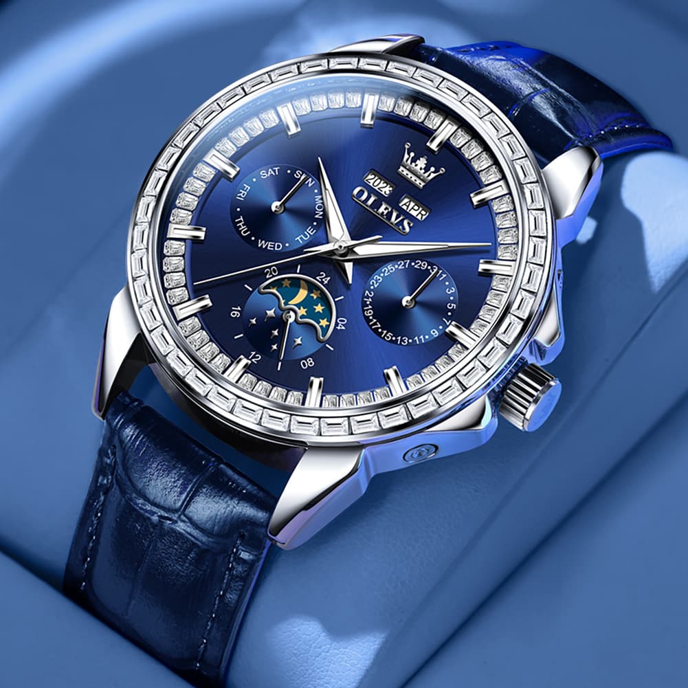 OLEVS 6695P Baguette Diamond Leather Mechanical Watch for Men - Rose Gold Blue Watch | Olevs Watch Store